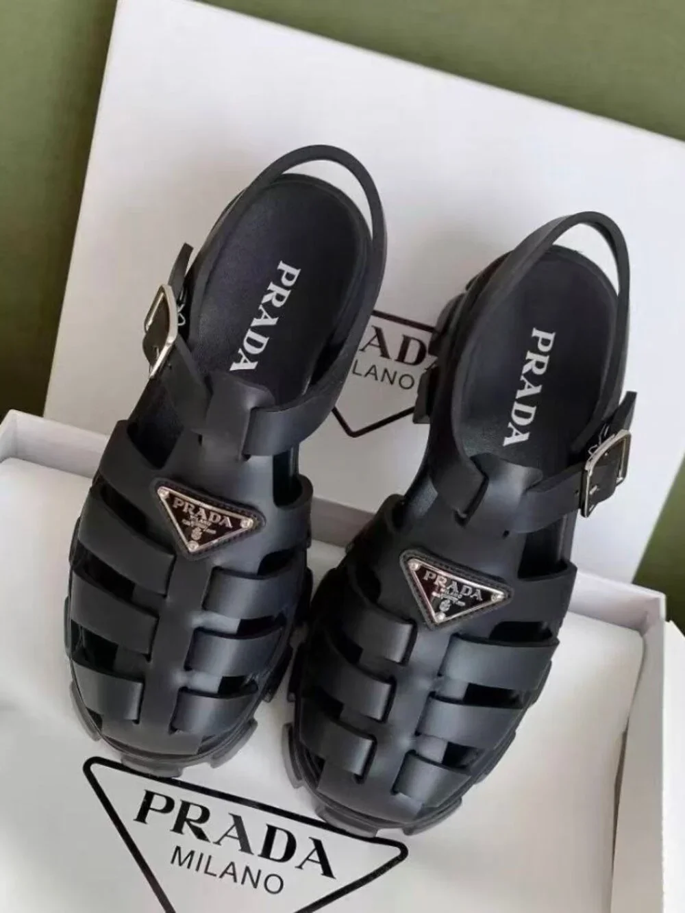 Prada Black Woven Lug Sole Slingback Sandals